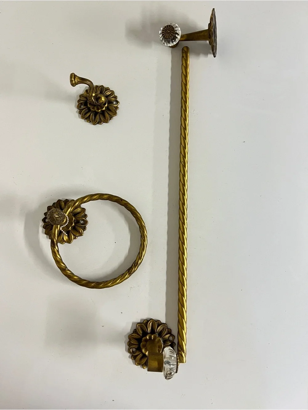 Vintage Italian Brass Finish Towel Ring and Bar Wall Set - Gold